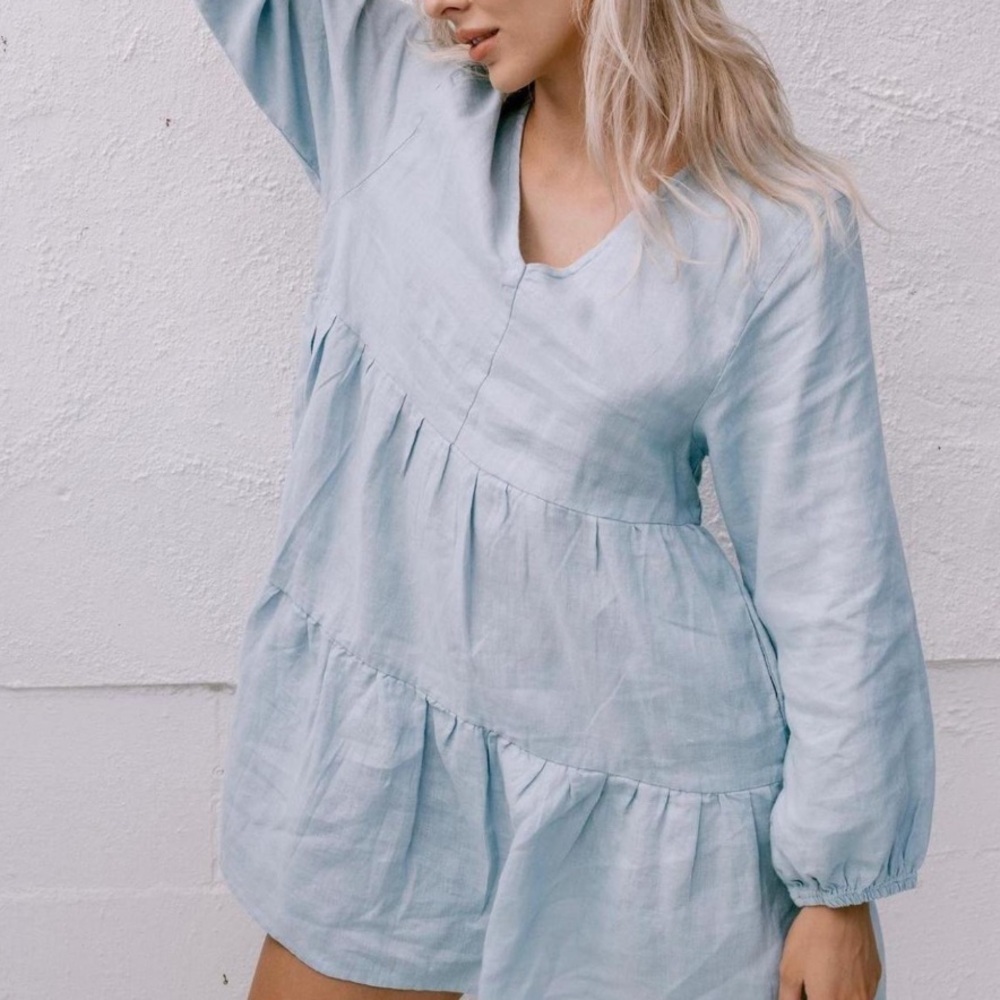 Araminta James Light Blue Linen V Neck Babydoll Dress